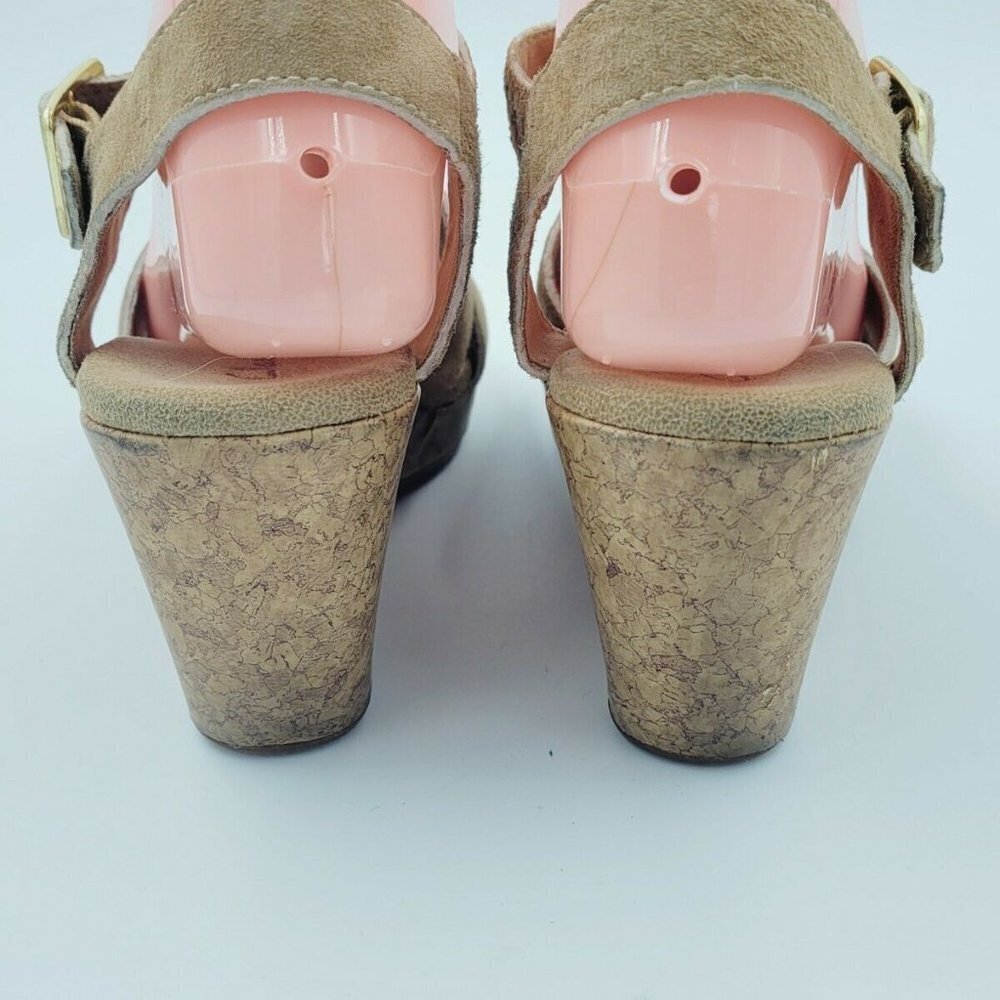 Clarks Tan Suede Open Toe Slingback Cork Wedge Sandal Size 9M - Picture 4 of 9